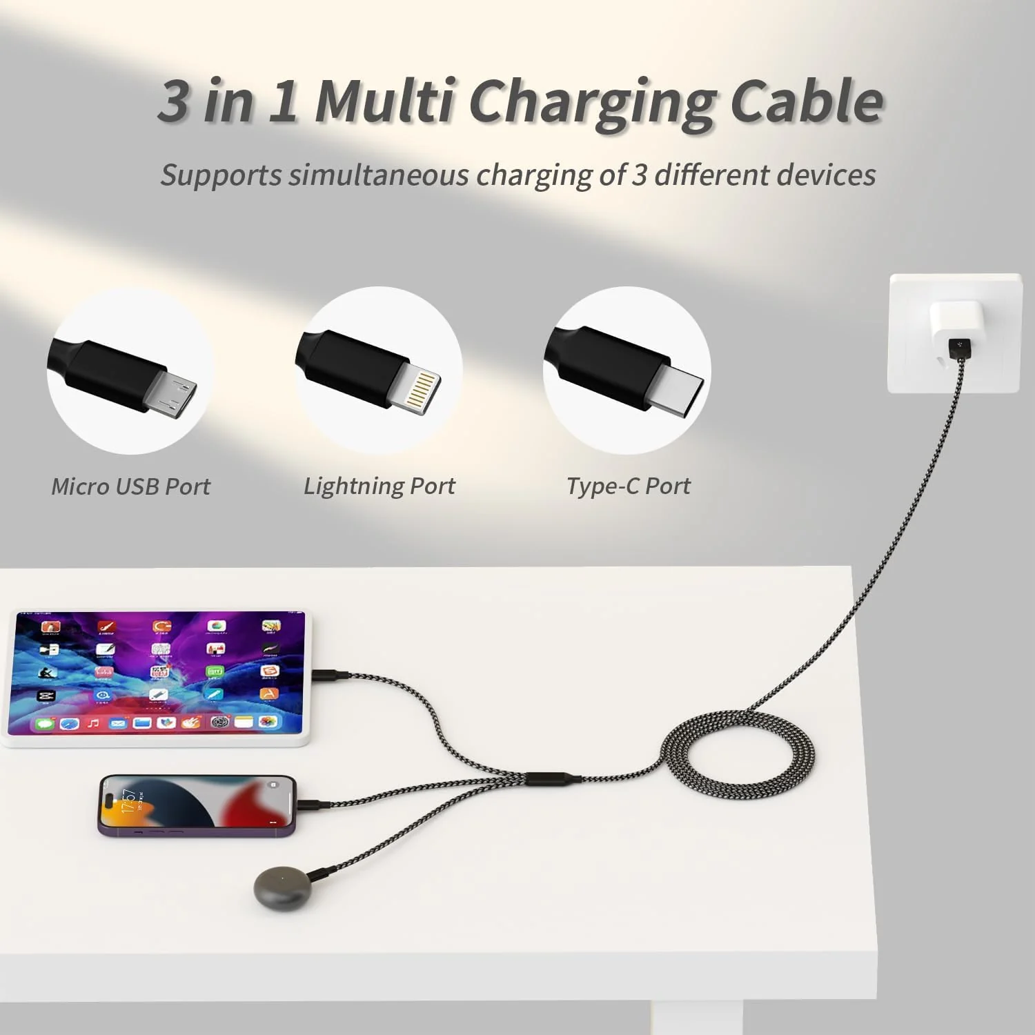 Nylon Braided 65W Charger Cable - 3 in 1  1200 mm Fast Charging Data Cable - Image 5